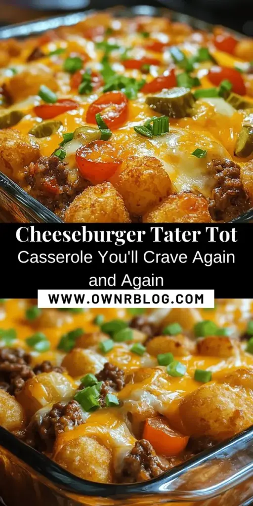 Create a family favorite with this Ultimate Cheeseburger Tater Tot Casserole recipe! This delicious dish combines savory ground beef, melty cheese, and crispy tater tots for a hearty meal that’s perfect for busy nights or gatherings. Easy to customize with your favorite veggies and flavors, it’s both nostalgic and satisfying. Get the full recipe and bring comfort food to your table! #Casserole #ComfortFood #Cheeseburger #TaterTots #FamilyDinner #EasyRecipes #MealPrep