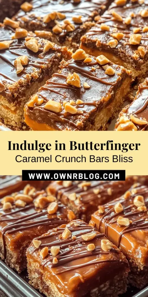 Indulge in the ultimate sweet treat with these Butterfinger Caramel Crunch Bars! This easy recipe combines the crunch of graham crackers and rice cereal with creamy chocolate and delectable caramel, all topped with irresistible Butterfinger pieces. Perfect for parties, potlucks, or a special dessert at home. Try this delightful balance of flavors and textures that will satisfy every sweet tooth! #DessertBars #Butterfinger #SweetTreats #RecipeIdeas #BakingAtHome #YummyFood