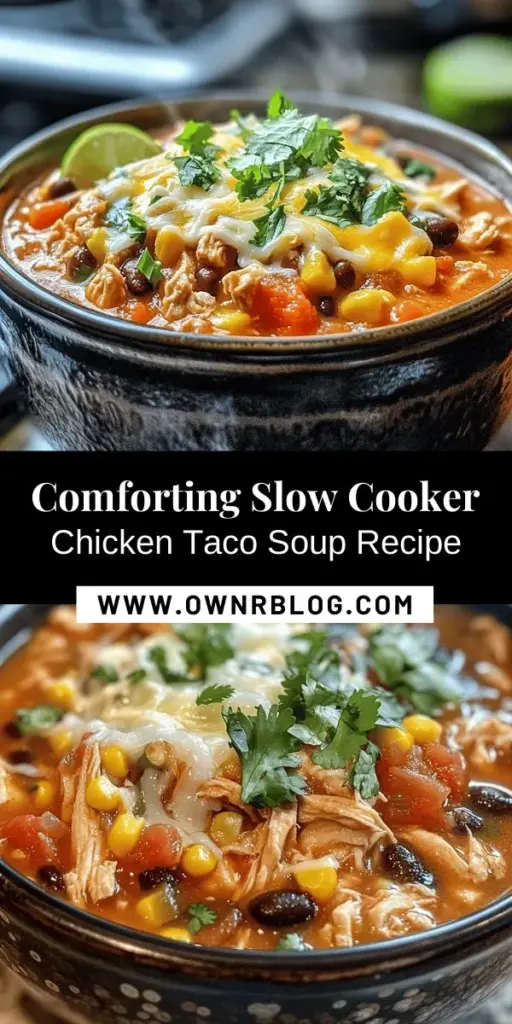 Cozy up with a bowl of Slow Cooker Chicken Taco Soup, the perfect blend of convenience and comfort! This hearty dish combines tender chicken, black beans, corn, and zesty spices, making it ideal for busy weeknights. Just set it and forget it, and come home to a warm, delicious meal ready to nourish your family. Customize with toppings like cheese, avocado, and lime for a personal touch! #SlowCooker #ChickenTacoSoup #ComfortFood #MealPrep #DeliciousDinner