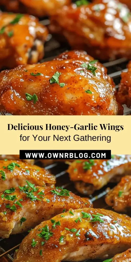 Elevate your next gathering with these Zesty Honey-Garlic Baked Chicken Wings! Perfectly baked for that crispy texture without the frying, these wings blend the sweetness of honey with rich soy sauce and aromatic garlic. They're easy to prepare, making them a hit among both novice cooks and seasoned chefs. Serve them up with your favorite dipping sauces and watch your guests devour every bite! #ChickenWings #BakedWings #HoneyGarlic #PartyFood #GameDayEats #EasyRecipes