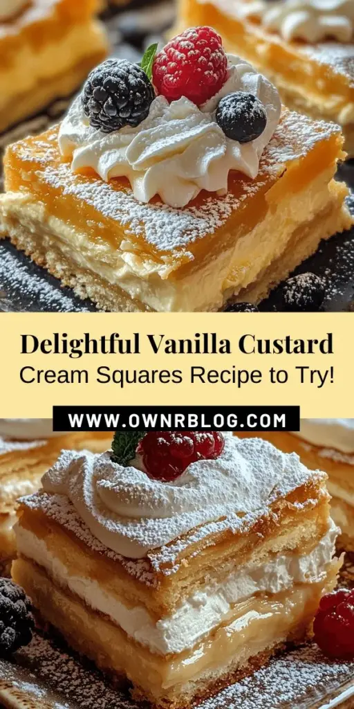 Indulge in the heavenly taste of Vanilla Custard Cream Squares, a delightful dessert featuring a buttery crust, creamy custard filling, and fluffy whipped topping. Perfect for any occasion, this recipe makes it easy to impress your family and friends. Follow our step-by-step guide to create a stunning dessert that not only looks amazing but tastes divine! Get ready to savor every bite! #VanillaCustard #DessertRecipe #HomemadeTreats #BakingJoy #SweetTooth