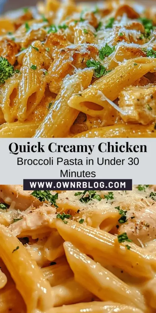 Looking for a quick and delicious dinner idea? This Quick & Creamy Chicken Broccoli Pasta recipe is your answer! With tender chicken, fresh broccoli, and a rich creamy sauce, this dish is packed with flavor and nutrition. Perfect for busy weeknights, it’s easy to prepare and sure to impress your family. Customize it with your favorite pasta shapes and seasonings for added flair. #PastaRecipes #QuickDinner #ChickenBroccoli #HealthyEating #MealPrep #30MinuteMeals