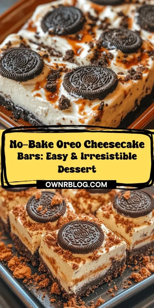 Looking for a delicious dessert without baking? Try these No-Bake Oreo Cheesecake Bars! They combine rich cream cheese, crunchy Oreos, and a light, airy texture that's perfect for any occasion. Ideal for summer days or busy weeks, this easy recipe requires minimal effort and delivers maximum flavor. Perfect for birthdays, potlucks, or a sweet treat! Get ready for a creamy delight that everyone will love! #OreoCheesecake #NoBakeDessert #DessertIdeas #SweetTreats #EasyRecipes