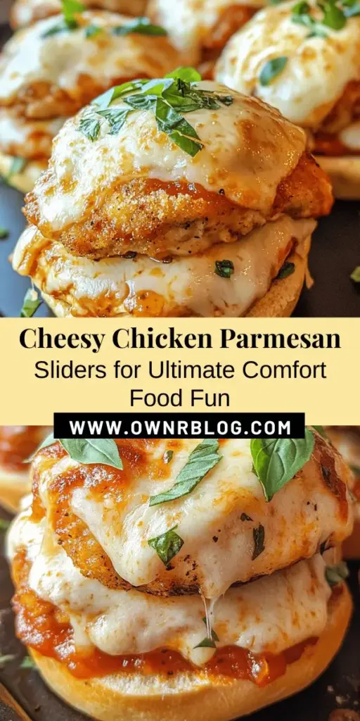 Discover the ultimate comfort food with these Cheesy Chicken Parmesan Sliders! Transform the classic Chicken Parmesan into delicious, bite-sized sliders perfect for any occasion. Featuring crispy breaded chicken, rich marinara, and gooey melted cheese on soft buns, these sliders are easy to prepare and always a hit at gatherings. Customize them to suit your tastes and enjoy the fun of interactive dining. Try this mouthwatering recipe today! #CheesyChickenParmesan #Sliders #ComfortFood #Recipe #Foodie