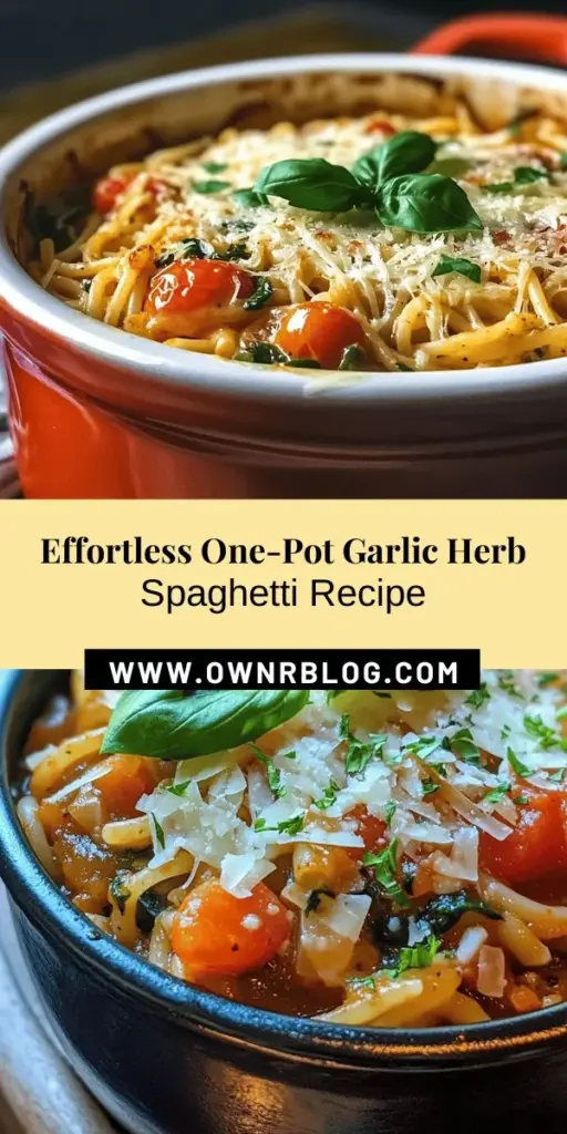 Discover the One-Pot Garlic Herb Spaghetti Delight, the perfect recipe for busy weeknights. This easy, flavorful dish combines garlic, fresh herbs, and vibrant veggies, all cooked in one pot for minimal cleanup. Ready in under 30 minutes, it’s versatile enough for any dietary needs. Enjoy the harmonious blend of flavors while savoring more time with family and less time in the kitchen. Try it tonight! #OnePotMeals #Spaghetti #EasyDinner #HealthyEating #QuickRecipes #FamilyMeals #PastaDelight