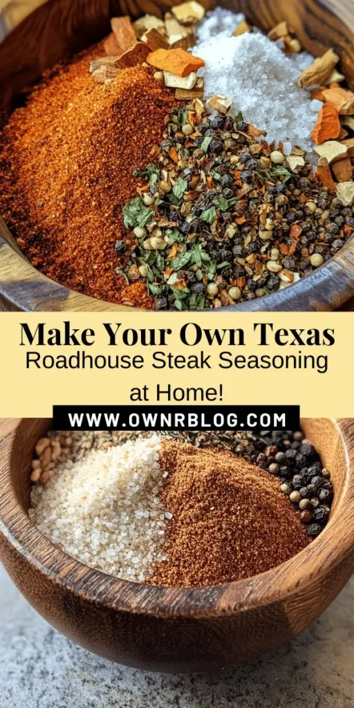 Bring the bold flavors of Texas Roadhouse right to your kitchen with this easy Sizzlin' Steak Seasoning recipe! Perfect for steak lovers, this versatile blend of spices enhances meats, veggies, and more. Using common ingredients like garlic powder, smoked paprika, and cayenne, you'll elevate your meals to new heights. Enjoy mouthwatering flavors with every bite! #TexasRoadhouse #SteakSeasoning #CookingAtHome #Grilling #FlavorfulMeals #HomemadeSpices