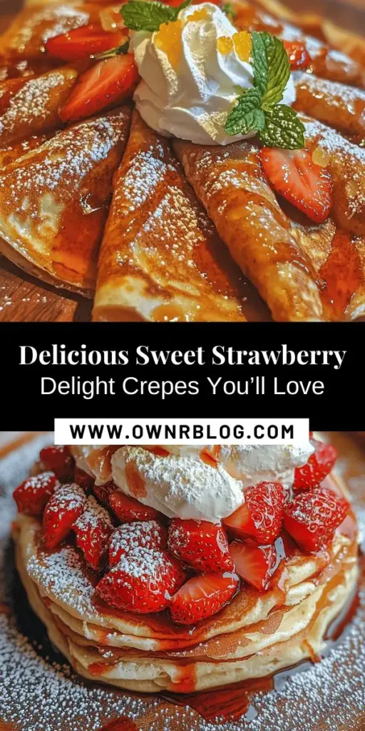 Treat yourself to the delightful experience of making Sweet Strawberry Delight Crepes! These thin, fluffy pancakes are filled with fresh strawberries, a hint of sugar, and zesty flavors that burst with freshness. Perfect for breakfast, brunch, or dessert, this versatile dish will impress your family and friends. Follow this easy recipe and enjoy a delightful homemade treat that celebrates the sweetness of strawberries! #Crepes #StrawberryRecipes #BreakfastIdeas #SweetTreats #BrunchIdeas #CookingFun #HomemadeDelight