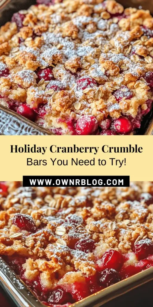 Celebrate the holiday season with these delicious Festive Cranberry Crumble Bars! Perfect for family gatherings or potlucks, these bars combine tart cranberries with a sweet, buttery crumble that is sure to impress. Easy to make and visually stunning, they’re a delightful addition to any dessert table. Follow our guide to master this seasonal treat and bring joy to your celebrations! #CranberryCrumble #HolidayBaking #FestiveTreats #DessertRecipes #FoodieFavorites #BakingJoy