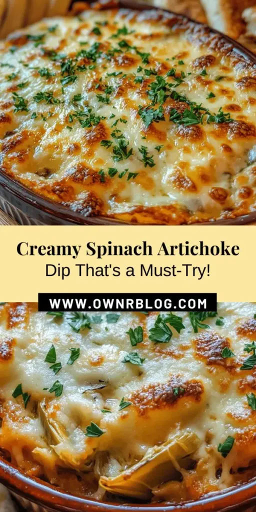 Discover the ultimate crowd-pleaser with Spinach Artichoke Delight Dip! This creamy, flavorful dip blends fresh spinach, artichoke hearts, and a mix of cheeses, creating a healthy twist on a classic that everyone will love. Perfect for parties or cozy nights in, it's a dish that's both nutritious and indulgent. Serve it warm with tortilla chips or fresh veggies for a satisfying snack. #SpinachArtichokeDip #HealthyDips #PartyRecipes #CrowdPleaser #Appetizers #DipRecipes #ComfortFood #GameNightSnacks