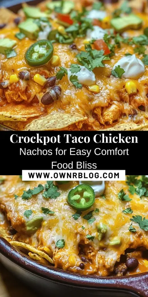 Elevate your snack game with Crockpot Taco Chicken Nachos! This delicious recipe combines tender, seasoned chicken, crispy tortilla chips, creamy cheese, and vibrant veggies, all cooked effortlessly in a crockpot. Perfect for busy nights or gatherings, these nachos are customizable and sure to please everyone. Enjoy a wholesome twist on a classic comfort food! #CrockpotNachos #ComfortFood #EasyRecipes #TacoNight #YummySnacks #MealPrepIdeas