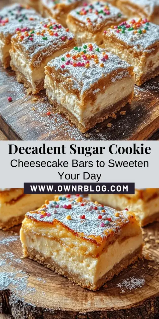 Satisfy your sweet cravings with these Deliciously Decadent Sugar Cookie Cheesecake Bars! The perfect blend of buttery sugar cookie and creamy cheesecake, these bars are ideal for any occasion. Easy to make and even easier to love, they will amaze family and friends alike. Dress them up with colorful sprinkles or a light dusting of powdered sugar for that extra flair. Treat yourself and spread joy with this delightful dessert! #Dessert #CheesecakeBars #Baking #SweetTreats #HomemadeDelight