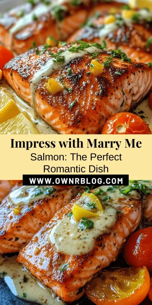 Impress your special someone with Marry Me Salmon, the ultimate romantic dish perfect for any occasion! This delightful recipe features tender salmon fillets, a creamy garlic sauce, and vibrant cherry tomatoes, creating a meal that’s as pleasing to the palate as it is to the heart. Elevate your dinner with fresh, high-quality ingredients that ensure a memorable dining experience. Perfect for anniversaries or spontaneous date nights! #MarryMeSalmon #RomanticDinner #SeafoodRecipes #HomeCooking #DateNightIdeas