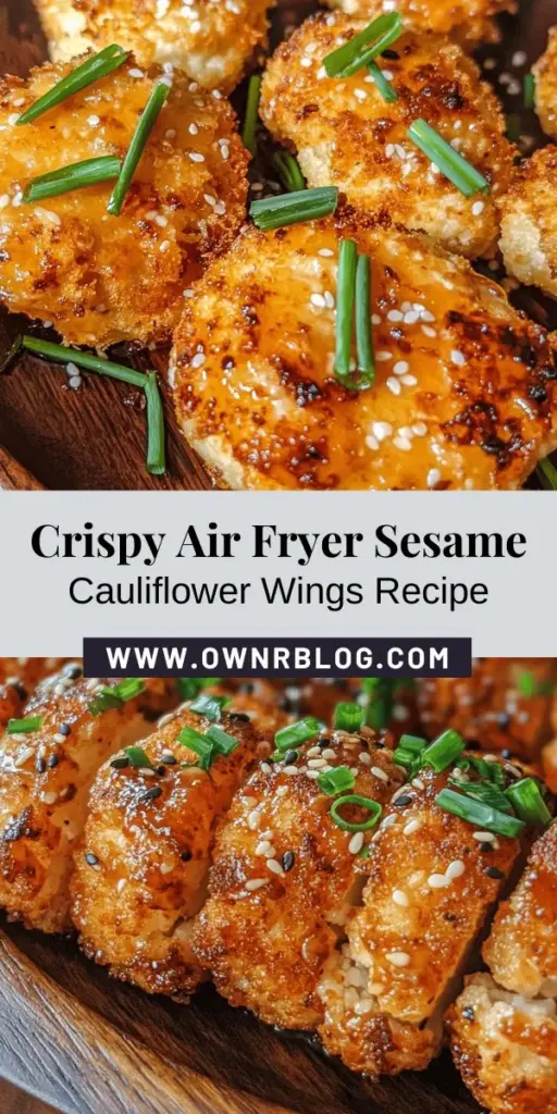 Satisfy your cravings with these Crunchy Air Fryer Sesame Cauliflower Wings! This delicious plant-based snack is guilt-free yet packed with flavor, perfect for game day or a healthy treat. Using a simple air fryer method, you can enjoy crispy wings without the excess oil. Made with nutritious cauliflower and coated in spices, these wings are vegan and gluten-free. Try this easy recipe for a nutritious twist on a classic favorite! #AirFryerRecipes #CauliflowerWings #VeganSnacks #HealthyEating #PlantBased