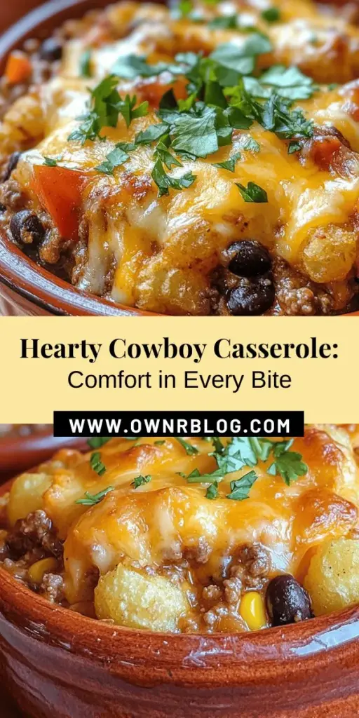 Discover the warmth and comfort of Easy Cowboy Casserole, a hearty and delicious dish that combines ground beef, beans, sweet corn, and crispy tater tots, all topped with cheesy goodness. Perfect for family dinners or potlucks, this crowd-pleaser is easy to prepare, adaptable to dietary preferences, and sure to become a favorite at your table. Dive into this satisfying recipe and enjoy the flavors of comfort food. #CowboyCasserole #ComfortFood #EasyCooking #FamilyMeals #RecipeLove