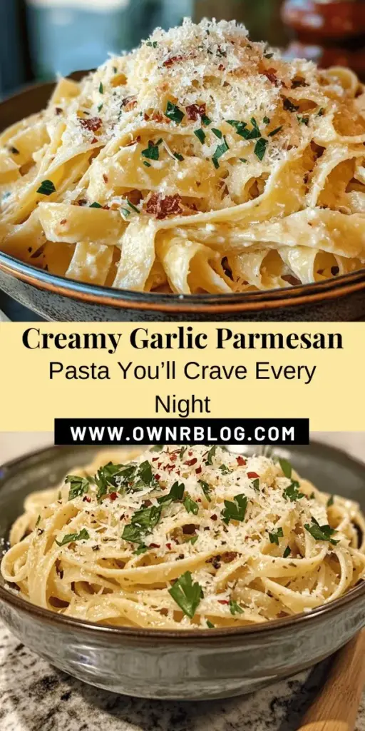 Indulge in the creamy delight of Garlic Parmesan Pasta, a comforting dish that's sure to please your taste buds! With rich garlic flavor and nutty Parmesan, this recipe is perfect for quick weeknight dinners or special occasions. Customize it with your favorite proteins or veggies for a personal touch. Follow our easy step-by-step guide to bring this delicious and versatile meal to your table. Your family will love it! #GarlicParmesanPasta #ComfortFood #EasyRecipes #ItalianCuisine #PastaLovers #DeliciousDinner