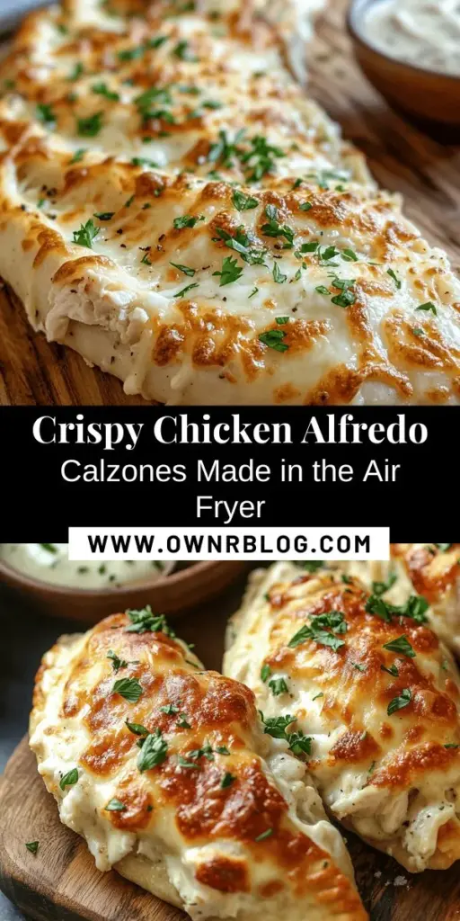 Discover the irresistible Chicken Alfredo Air Fryer Calzones, a modern twist on a classic Italian favorite! These crispy, golden pockets are filled with creamy Alfredo sauce, tender chicken, and gooey mozzarella, all made healthier in the air fryer. Perfect for family dinners or entertaining friends, these calzones are simple to make and packed with flavor. Get ready to impress your taste buds! Try it out today! #Calzones #AirFryerRecipes #ItalianCuisine #ChickenAlfredo #HealthyEating