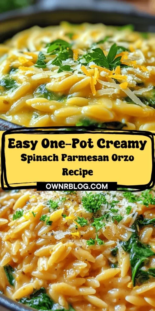 Discover the ultimate comfort food with this One-Pot Creamy Spinach Parmesan Orzo recipe! Perfect for busy weeknights, this dish combines creamy orzo, fresh spinach, and savory Parmesan in a simple one-pot preparation, ensuring easy cooking and cleanup. Enjoy a hearty meal that's packed with flavor and nutrition in under 30 minutes. Elevate your dining experience with this delightful recipe! #OnePotMeal #CreamyOrzo #SpinachParmesan #EasyRecipes #ComfortFood #YummyDinner #QuickMeal