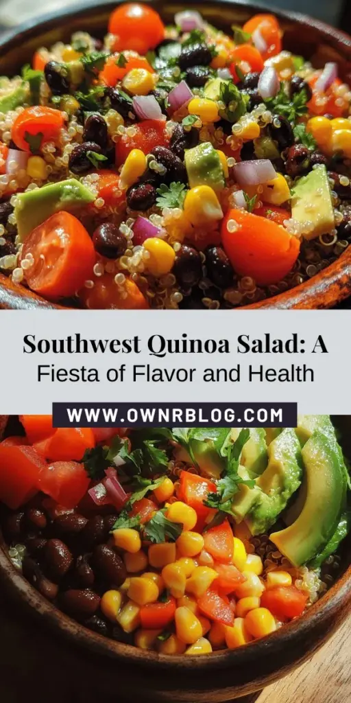 Discover the vibrant Southwest Quinoa Salad Fiesta, a delicious and nutritious dish packed with quinoa, fresh vegetables, and bold Southwestern flavors. This colorful salad is not only gluten-free but also rich in protein, fiber, and essential nutrients, making it perfect for health-conscious eaters. Learn to make this easy, flavorful salad that boosts your wellness while tantalizing your taste buds. Perfect for any occasion! #QuinoaSalad #HealthyEating #SouthwesternCuisine #Nutrition #EasyRecipes