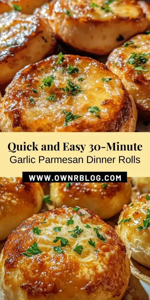 Warm your kitchen with the irresistible aroma of 30-Minute Garlic Parmesan Dinner Rolls! These fluffy, buttery rolls are infused with savory garlic and rich Parmesan cheese, making them the perfect accompaniment to any meal or a delightful snack on their own. Easy to make in just half an hour, they’ll impress your family and friends with their homemade goodness! Get ready to elevate your dining experiences! #GarlicParmesan #DinnerRolls #QuickBaking #HomemadeBread #ComfortFood