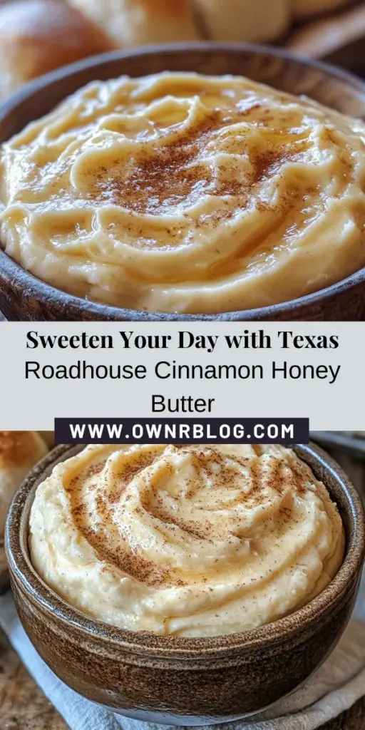 Indulge in the deliciousness of Texas Roadhouse Cinnamon Honey Butter with this easy homemade recipe! Perfectly creamy, sweet, and spiced, this delightful spread elevates everything from warm rolls to pancakes. Made with simple ingredients like unsalted butter, honey, cinnamon, and vanilla, it's as versatile as it is delicious. Transform your meals with this delightful blend, and enjoy the joy of homemade treats. #CinnamonHoneyButter #TexasRoadhouse #HomemadeRecipes #ButterSpread #CookingAtHome #ComfortFood #BreakfastDelights