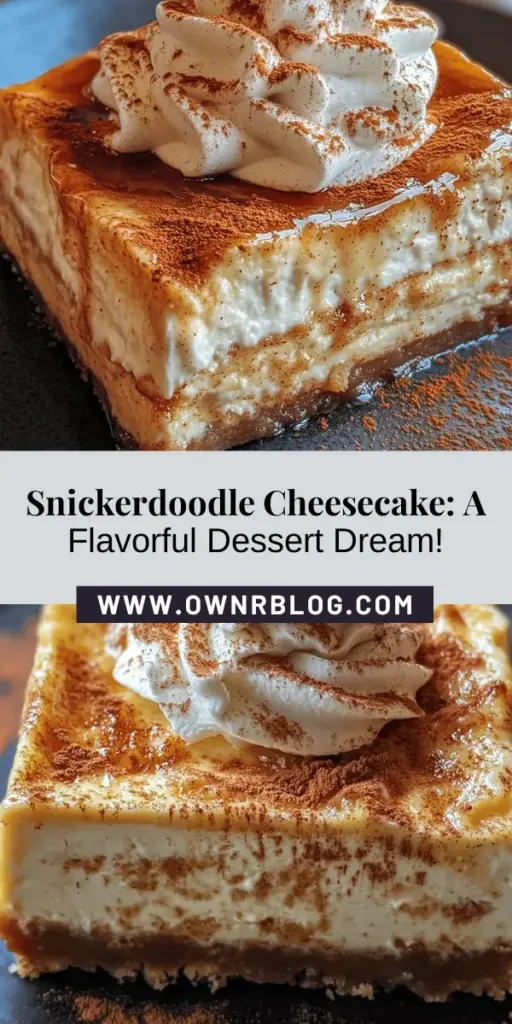 Discover the bliss of Snickerdoodle Cheesecake Delight, a luscious dessert that fuses the beloved flavors of soft snickerdoodle cookies with creamy cheesecake. Perfect for any occasion, this recipe brings together a cinnamon-sugar cookie crust and a velvety filling, creating a treat that's visually stunning and delicious. Whether you’re hosting a gathering or satisfying a sweet tooth, this cheesecake is sure to impress! #Cheesecake #Desserts #Snickerdoodles #Baking #SweetTreats #RecipeIdeas