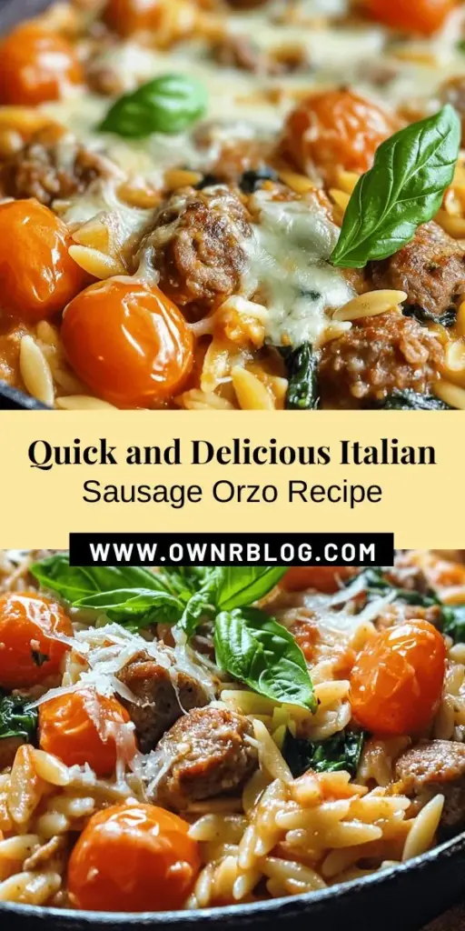 Discover the delightful flavors of Italian Sausage Orzo Delight, a quick and easy dish that captures the essence of Italian comfort food. This one-pot meal features savory Italian sausage, tender orzo pasta, and fresh ingredients like cherry tomatoes and spinach, all harmoniously blended with aromatic herbs. Perfect for busy weeknights or to impress guests, it's a satisfying and nutritious option everyone will love. Try it today! #ItalianFood #ComfortFood #OnePotMeal #SausageRecipe #Orzo #EasyDinner #Yummy