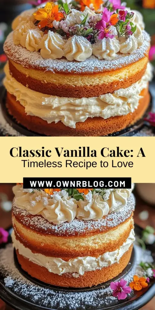 Discover the charm of classic vanilla cake, a timeless staple perfect for any celebration! With its soft crumb and subtle sweetness, this cake is an ideal canvas for creativity, pairing wonderfully with various frostings and toppings. Our guide walks you through essential ingredients, step-by-step instructions, and storage tips for a flawless bake every time. Perfect for novice bakers and seasoned pros alike! #VanillaCake #Baking #Recipe #Dessert #HomeBaking #ClassicRecipes