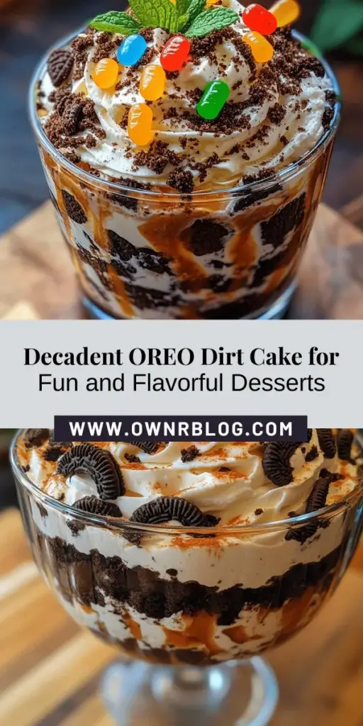 Indulge in the nostalgia of childhood with this easy and delightful OREO Dirt Cake! With rich layers of chocolatey goodness, a creamy filling, and a whimsical look, it's perfect for any gathering. Whether you're celebrating a birthday or just enjoying a sweet treat, this no-bake dessert is a crowd-pleaser. Get creative with variations and decoration options for a personalized touch! #OREODirtCake #DessertRecipes #NoBake #ChocolateLovers #FunDesserts