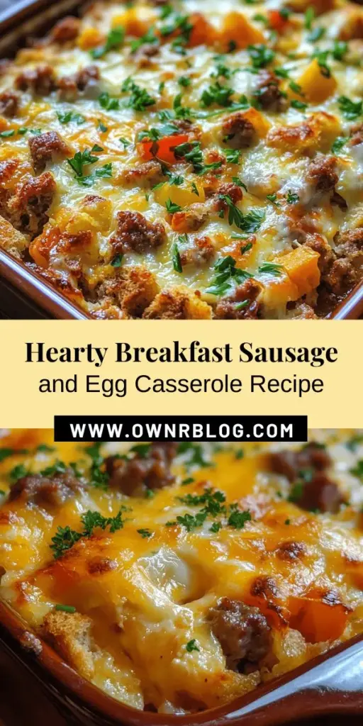 Start your day with a delicious Classic Breakfast Sausage and Egg Casserole! This hearty dish combines savory sausage, fluffy eggs, fresh veggies, and cheesy goodness, making it perfect for busy mornings or special brunch gatherings. Easy to prepare ahead of time, it’s sure to please the whole family. Customize with your favorite ingredients for endless variations. Enjoy a slice of comfort today! #BreakfastCasserole #Brunch #EasyRecipes #SausageEggCasserole #HealthyBreakfast #CookingAtHome