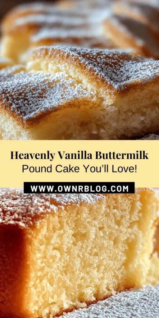 Indulge in the rich, buttery goodness of Heavenly Vanilla Buttermilk Pound Cake. This classic dessert, enhanced with buttermilk for extra moisture and a hint of tang, is perfect for any occasion. Enjoy it plain, dusted with powdered sugar, or paired with fresh fruits and cream. Ideal for coffee breaks or festive gatherings, this cake brings warmth and comfort to every slice. Ready to bake? #PoundCake #Baking #Dessert #Buttermilk #Vanilla #CakeRecipes #HomemadeGoodness