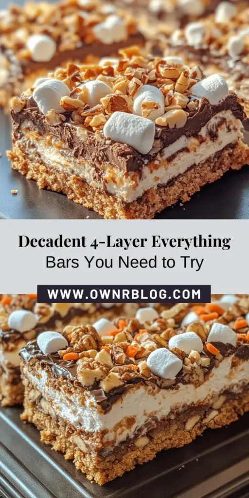 Discover the delicious world of 4-Layer Everything Bars! This recipe features a buttery graham cracker base, a creamy cream cheese layer, a rich chocolate topping, and customized crunchy toppings. Perfect for any occasion, these bars are sure to wow your guests with their unique flavors and stunning presentation. Easy to make and highly versatile, they can cater to various dietary preferences. Get baking and enjoy these indulgent treats! #Dessert #Baking #4LayerBars #SweetTreats #RecipeIdeas