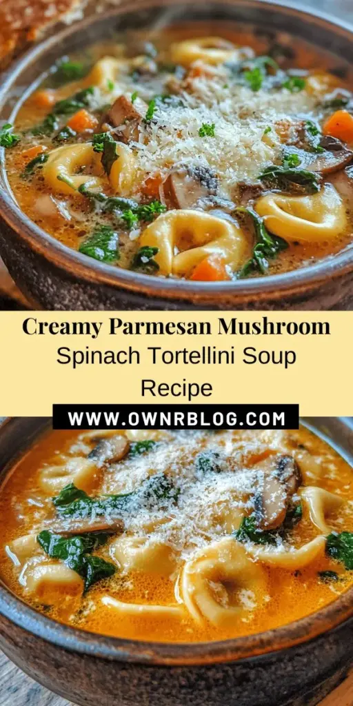 Warm up your chilly nights with this delightful Creamy Parmesan Mushroom and Spinach Tortellini Soup! Bursting with earthy mushrooms, vibrant spinach, and tender cheese tortellini all enveloped in a luscious cream broth, it’s comfort food at its finest. Perfect for a cozy evening or as a quick weeknight meal. Dive into this easy-to-make recipe and savor a bowl of warmth and flavor. #SoupRecipe #ComfortFood #Tortellini #Mushrooms #CreamySoup #Spinach #QuickMeals #HealthyEating