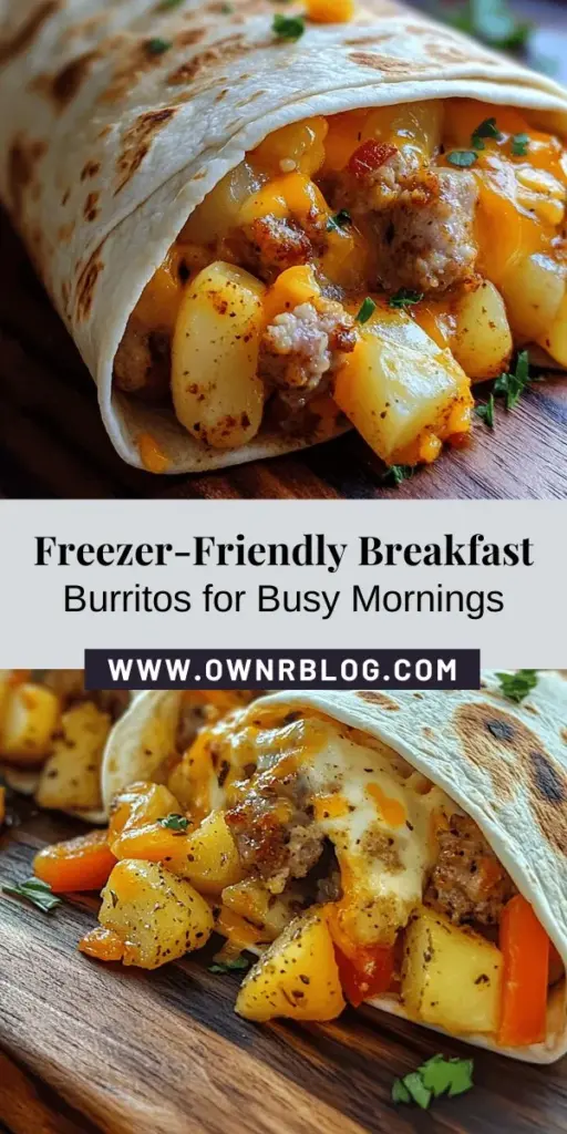 Start your day right with make-ahead freezer breakfast burritos! Perfect for busy mornings, these protein-packed delights are easy to prepare and customizable to suit any taste. Filled with eggs, cheese, veggies, and savory sausage, they're nutritious and delicious. Just grab from the freezer and heat up for a quick meal. Discover the recipe and tips to make your mornings effortless and flavorful! #BreakfastBurritos #MealPrep #HealthyEating #QuickMeals #FreezerFriendly