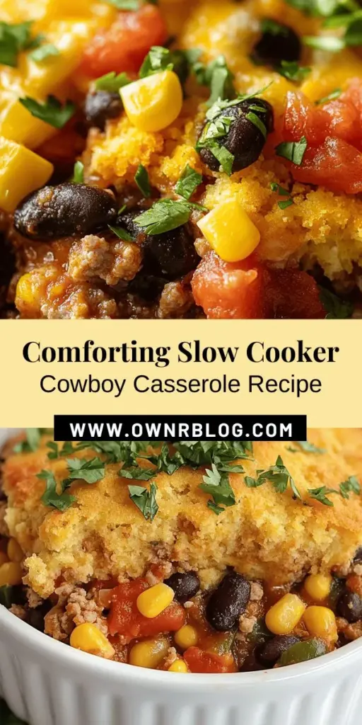 Indulge in the cozy comfort of Slow Cooker Cowboy Casserole—an all-in-one dish that’s perfect for any gathering or family dinner. With hearty ground beef, beans, corn, and topped with a fluffy cornbread crust, this easy recipe combines rich flavors and nutrition. Let it simmer in your slow cooker while you unwind. Discover the joy of this rustic classic and impress your loved ones! #CowboyCasserole #SlowCookerRecipes #ComfortFood #FamilyDinner #HeartyMeals #EasyCooking #CasseroleLove