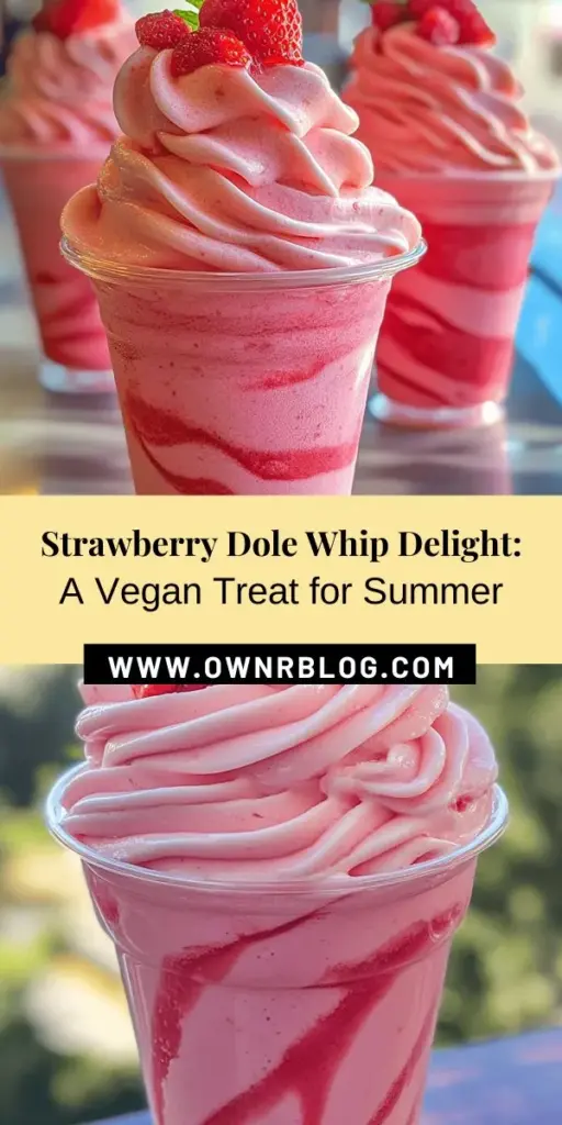 Beat the heat with a delicious Strawberry Dole Whip Delight! This creamy, plant-based treat features frozen strawberries, coconut milk, and a hint of lime for a refreshing and healthier alternative to traditional ice cream. Perfect for summer gatherings or a simple indulgence, this easy recipe is vegan-friendly and customizable. Get ready to impress friends and family with this delightful dessert! #DoleWhip #StrawberryDelight #VeganDessert #SummerTreat #HealthyRecipes #FrozenDessert