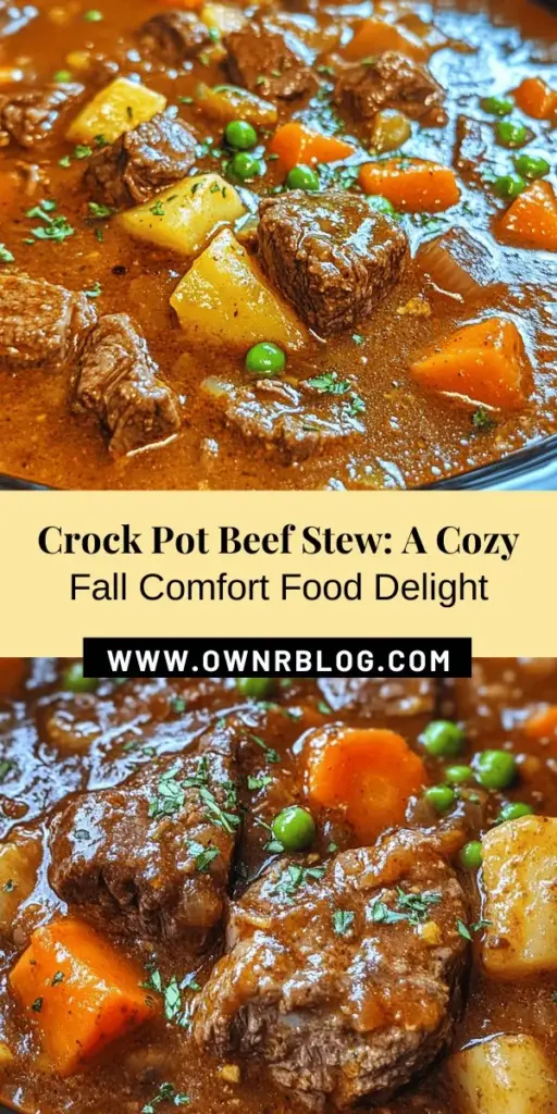 Cozy up this autumn with a Hearty Autumn Crock Pot Beef Stew! This comforting recipe combines tender beef chuck roast, fresh veggies, and aromatic herbs for a flavorful dish perfect for chilly nights. The slow cooking method enhances flavors, making it a go-to for busy families. Enjoy alongside crusty bread, rice, or a fresh salad for a complete meal. Discover the joy of gathering with loved ones around this warming stew! #BeefStew #CrockPotRecipes #ComfortFood #AutumnEats #FallCooking #SlowCooker