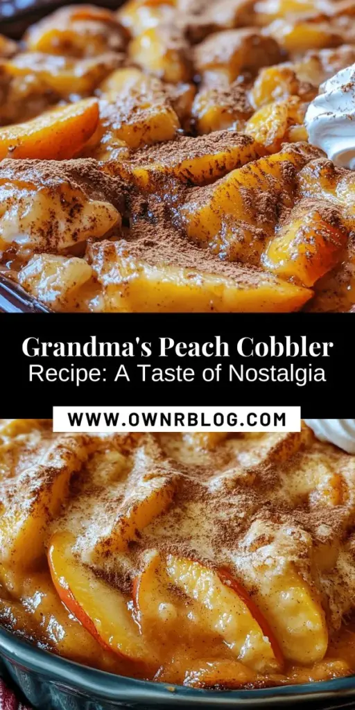 Dive into the warm nostalgia of Grandma's Famous Peach Cobbler, a cherished recipe that brings family together. This delectable dessert features sweet, ripe peaches encased in a buttery, flaky crust. Perfect for summer gatherings or cozy evenings, it's easy to make and even more delightful to share. Discover essential tips for preparing and enjoying this classic treat that captures the essence of home-cooked goodness. #PeachCobbler #HomemadeDesserts #NostalgicRecipes #BakingWithLove