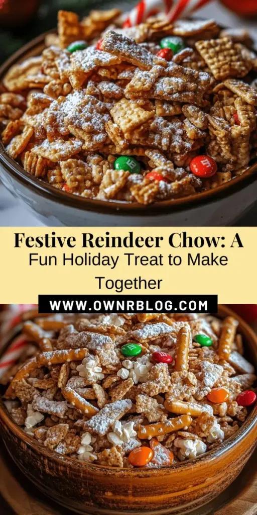 Get into the holiday spirit with Reindeer Chow, a delightful and colorful snack mix that's perfect for festive gatherings or as a homemade gift! This fun blend of Rice Chex, pretzels, popcorn, M&M's, and almond bark creates a sweet and salty treat that everyone loves. Easy to make and visually appealing, it’s sure to bring smiles to friends and family. Discover how to make this holiday classic today! #ReindeerChow #HolidaySnacks #FestiveTreats #SnackMix #HomemadeGifts #HolidayRecipes