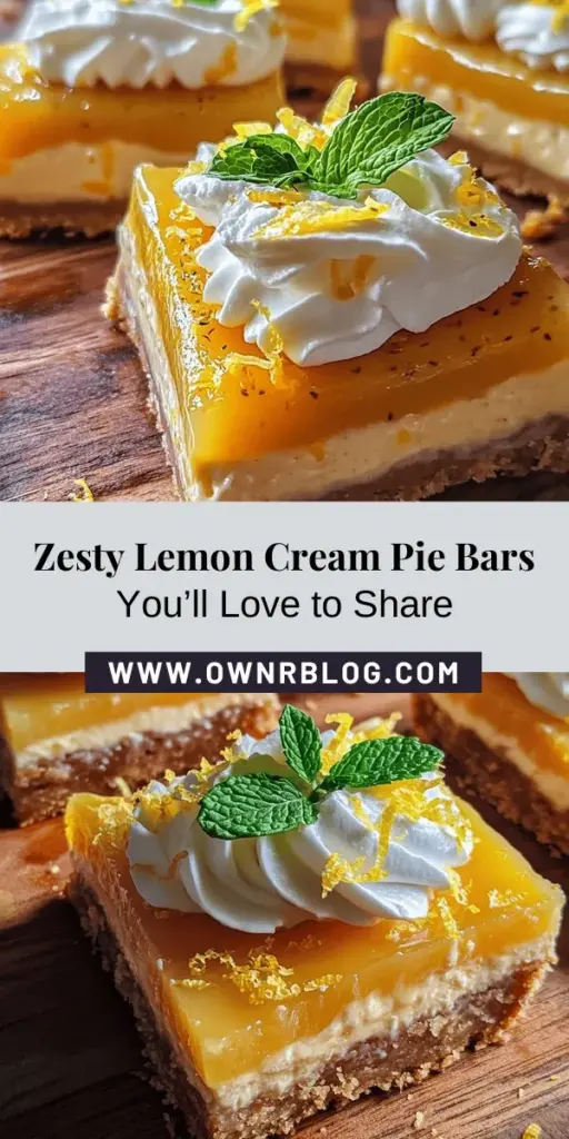 Discover a refreshing dessert that’s perfect for any occasion with Luscious Lemon Cream Pie Bars! These delightful treats feature a creamy, tangy lemon filling on a buttery crust, offering a perfect balance of flavors and textures. Ideal for summer picnics, holiday gatherings, or just a sweet treat at home, these bars are easy to make and irresistibly delicious. Try this recipe and impress your friends and family! #LemonDessert #Baking #DessertRecipe #SummerTreats #HomemadeGoodness