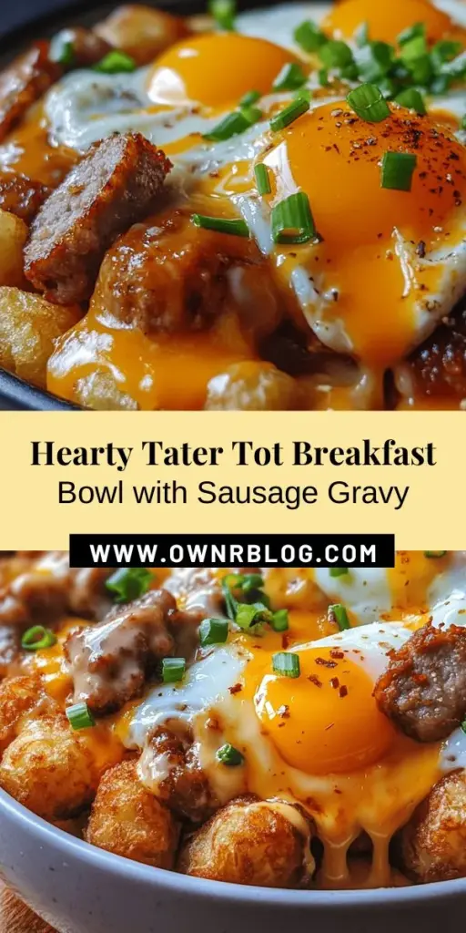 Start your day with the ultimate comfort food: the Tater Tot Breakfast Bowl with Sausage Gravy! This hearty dish features crispy tater tots, creamy sausage gravy, perfectly cooked eggs, and a sprinkle of cheese for a flavor-packed meal. Perfect for anyone craving a filling breakfast that caters to all tastes, you can easily customize it with various ingredients. Dive into the deliciousness today! #BreakfastBowl #TaterTots #SausageGravy #BrunchIdeas #ComfortFood #Foodie