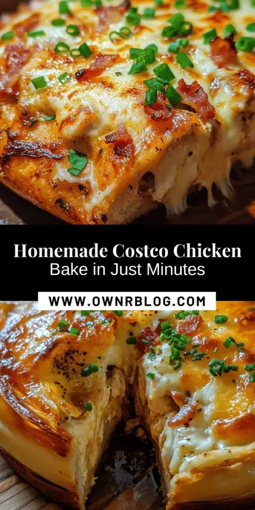 Craving Costco's Chicken Bake? Try this quick and delicious homemade copycat recipe that’s perfect for busy weeknights! With rotisserie chicken, creamy cheese, and crunchy bacon wrapped in flaky dough, it’s a family favorite that’s easy to make and even easier to enjoy. Dive into the step-by-step guide and impress your loved ones with this tasty meal. #ChickenBake #CostcoCopycat #EasyRecipes #FamilyDinner #Foodie #CookingAtHome #ComfortFood