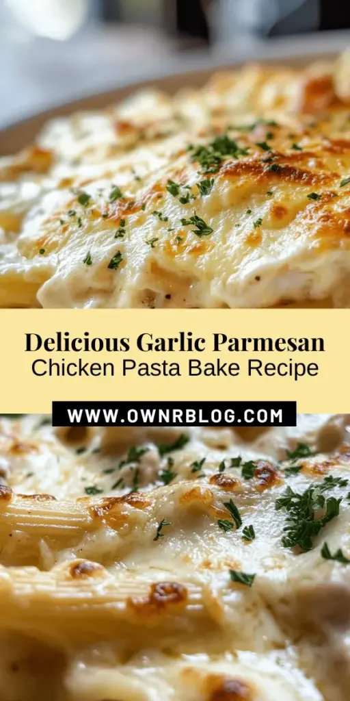 Indulge in the deliciousness of Garlic Parmesan Chicken Pasta Bake, a comforting dish that's perfect for busy nights or gatherings. This one-dish wonder combines tender chicken, creamy garlic sauce, and pasta, enticing everyone with its warm aroma and cheesy goodness. Easily customizable, it can cater to various dietary preferences. Make it your new go-to meal! Discover the magic of creamy pasta bakes today. #PastaBake #ComfortFood #DinnerIdeas #GarlicParmesan #EasyRecipes