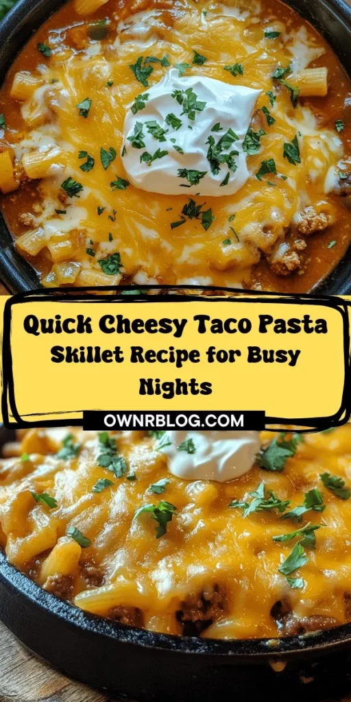 Looking for a quick, delicious, and comforting meal? Try this Cheesy Taco Pasta Skillet! This one-pot dish combines the bold flavors of tacos with creamy pasta for a unique twist. Perfect for busy weeknights, it's customizable to suit every taste—simply swap proteins or load it with veggies. Serve with fresh toppings for an Instagram-worthy meal that everyone will love. Make this delightful dish today! #CheesyTacoPasta #OnePotMeal #DinnerRecipe #ComfortFood #PastaLovers #MealPrep