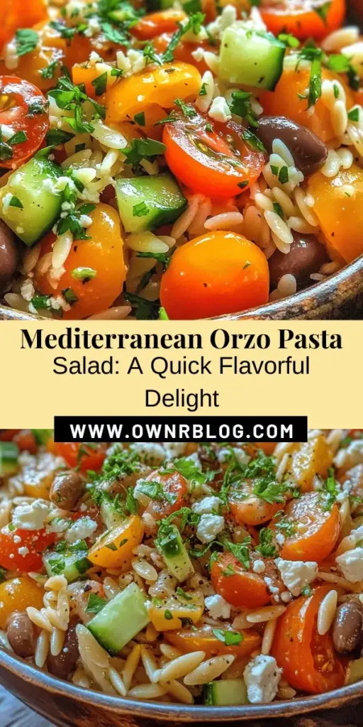 Discover the vibrant flavors of the Mediterranean with this delicious Orzo Pasta Salad! Perfect for picnics, potlucks, or meal prep, this dish features colorful vegetables, tangy feta, and a zesty dressing that comes together effortlessly. Healthy, refreshing, and versatile, it's a delightful way to enjoy wholesome ingredients any time of year. Bring a taste of the Mediterranean to your table today! #MediterraneanSalad #OrzoPasta #HealthyEating #Foodie #MealPrep #SaladRecipe #FreshIngredients