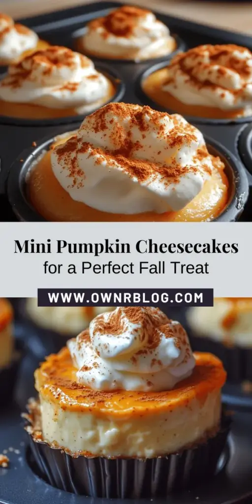 Indulge in the flavors of fall with these delightful mini pumpkin cheesecakes! Perfect for gatherings or cozy nights at home, these bite-sized treats combine the creamy richness of cheesecake with the spiced sweetness of pumpkin. Not only are they visually appealing, but they're also a healthier dessert choice, packed with vitamins and fiber. Try this easy recipe and savor the taste of autumn in every bite! #MiniPumpkinCheesecakes #FallDesserts #PumpkinSpice #BakingJoy #SeasonalTreats