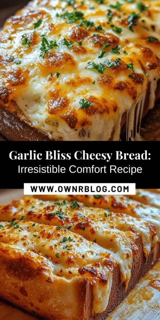 Indulge in the ultimate comfort food with Garlic Bliss Cheesy Bread! This warm, gooey delight combines the rich flavors of garlic, butter, and a blend of mozzarella and Parmesan cheese, creating a dish that's perfect for any occasion. Enjoy it as an appetizer, side, or tasty snack. Easy to make and endlessly customizable, it's sure to become a favorite in your recipe collection. Bring warmth to your table with this irresistible treat! #CheesyBread #GarlicBread #ComfortFood #HomemadeDelight #YummyEats #CookingAtHome #Foodie