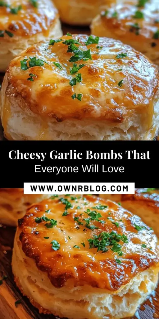 Experience the ultimate cheesy delight with these homemade Cheesy Garlic Biscuit Bombs! Flaky biscuit dough envelops a gooey, cheesy filling infused with garlic and herbs for a savory treat that everyone will love. Perfect as an appetizer, snack, or side dish, they are easy to make and best enjoyed fresh from the oven. Impress your guests and satisfy your cravings with this delicious recipe! #CheesyGarlicBiscuitBombs #ComfortFood #EasyRecipes #HomemadeSnacks #Yum