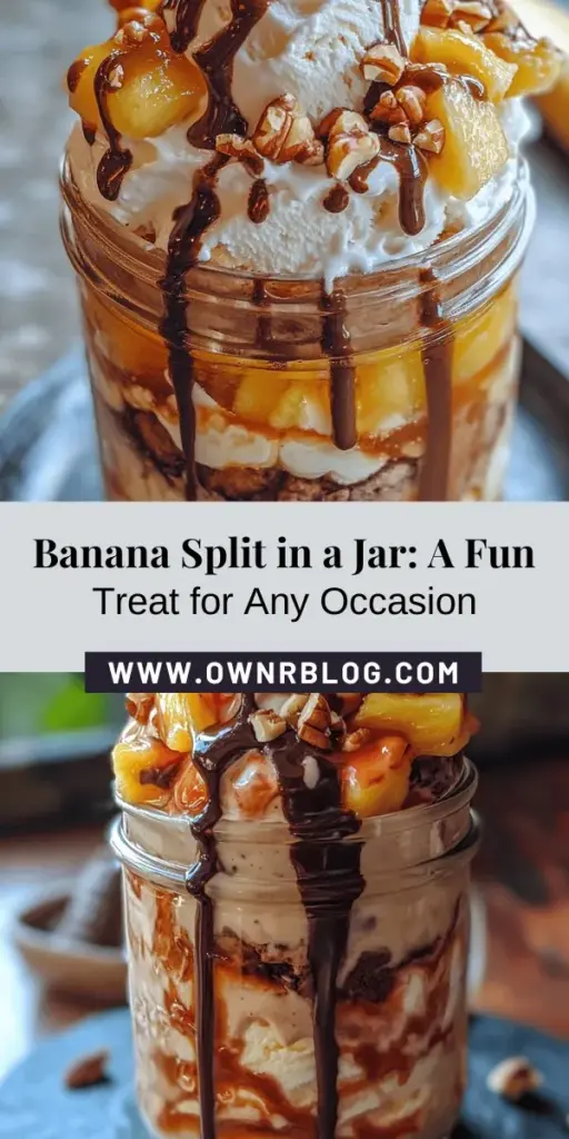 Indulge in a sweet twist on a classic favorite with our Banana Split in a Jar! This delightful dessert combines ripe bananas, creamy yogurt, chocolate and strawberry ice cream, and an array of toppings, served in individual jars for a fun and customizable experience. Perfect for parties, picnics, or a family treat, it makes dessert easy and visually stunning. Pack in flavors and enjoy this delicious Mason jar treat! #BananaSplit #DessertInAJar #SweetTreats #Yummy #Foodie