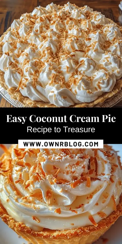 Indulge in the tropical delight of our Irresistible Easy Coconut Cream Pie! This creamy, dreamy dessert combines a flaky crust with a luscious coconut filling, topped with airy whipped cream and toasted coconut for the perfect finishing touch. Perfect for any occasion, this easy recipe captures the essence of warm family gatherings and sun-soaked beaches. Enjoy a taste of paradise with every slice! #CoconutCreamPie #DessertRecipe #BakingJoy #TropicalTreat #PieLovers