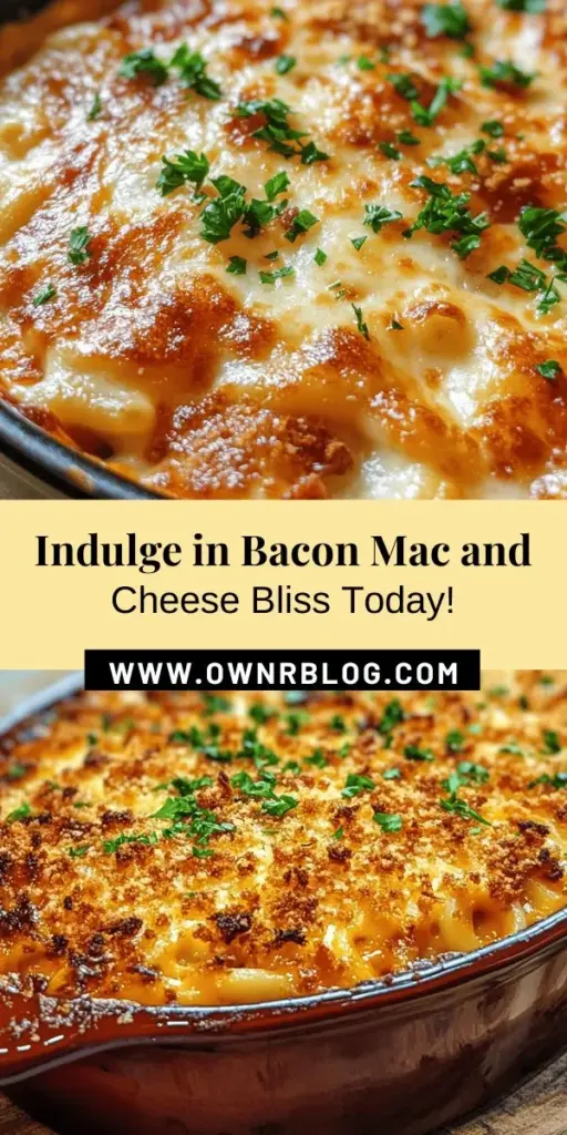 Indulge in the ultimate comfort food with this Bacon Mac and Cheese Bliss recipe! Experience the creamy goodness of traditional mac and cheese enhanced by the savory crunch of crispy bacon. Perfect for weeknight dinners or special occasions, this dish combines sharp cheddar, mozzarella, and spices for a mouthwatering twist on a classic favorite. Your taste buds will thank you for this deliciously satisfying treat! #BaconMacAndCheese #ComfortFood #Foodie #RecipeIdeas #CheesyGoodness